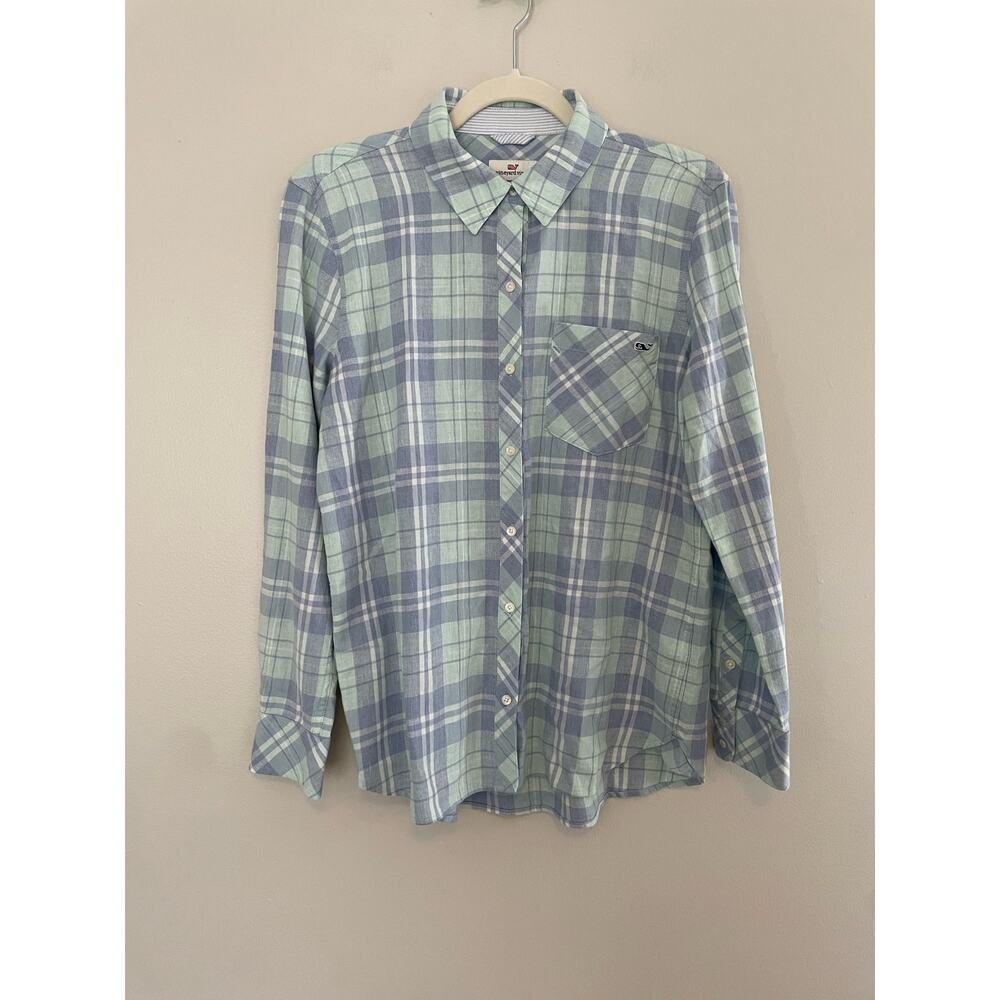 NWT $88 Vineyard Vines Women's Size 8 Blue Pacific Plaid Relaxed Button Down Top